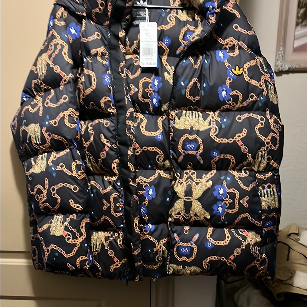 Adidas Black Puffer Jacket with Chain and Animal Print